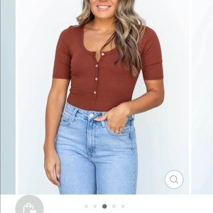 Rust colored ribbed bodysuit- Small - great for fall! Short sleeve, cute buttons